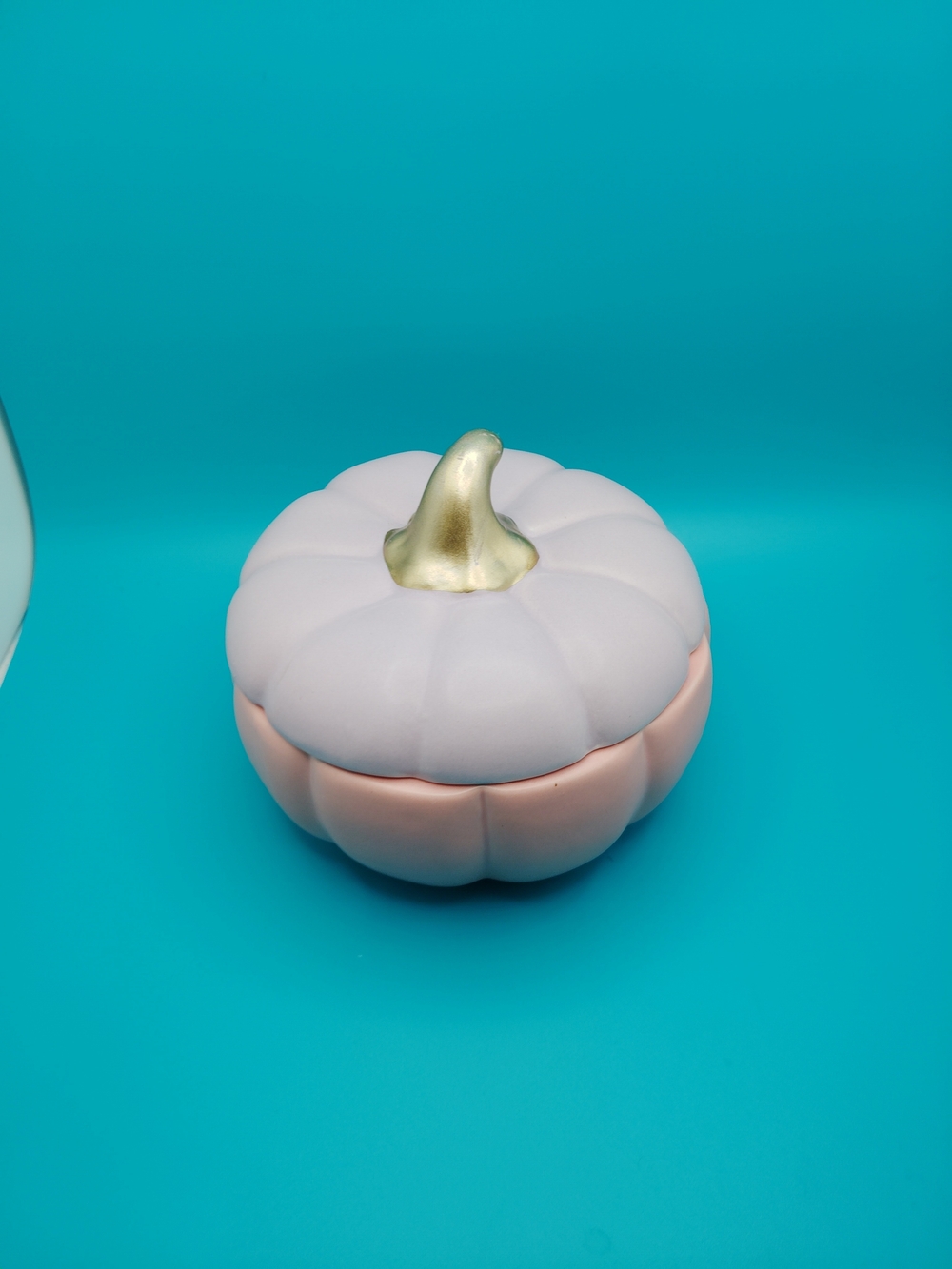 Pink and White Ceramic Pumpkin Trinket Box with Gold Stem